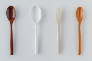 Minimalist plastic spoons and forks in brown, white, and beige tones displayed on a white background, perfect for culinary-themed illustrations and banners.

