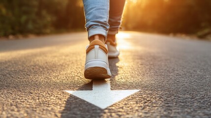 Person Walking Down a Sunlit Road with Arrow Markings, Emphasizing Direction and Journey Symbolism on a Warm Evening in Nature