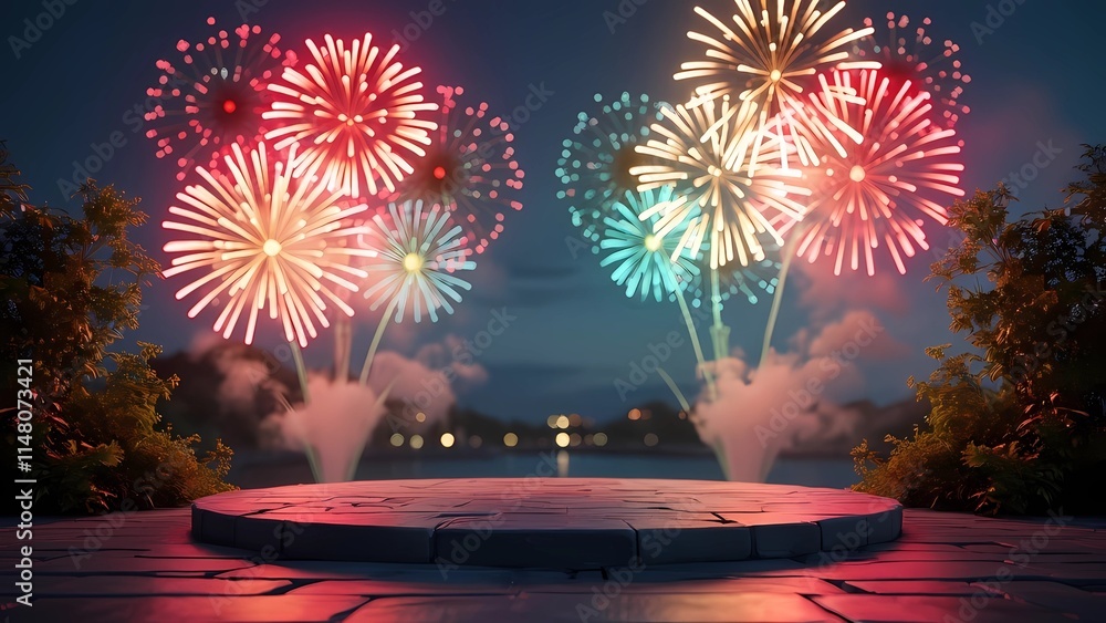 Aufkleber an empty platform floats beneath a dazzling display of colorful fireworks in the night sky, generati