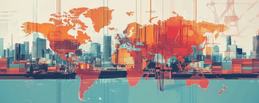 Intricate global value chains connecting manufacturers, suppliers, and distributors across borders - conceptual illustration of international trade and supply chains