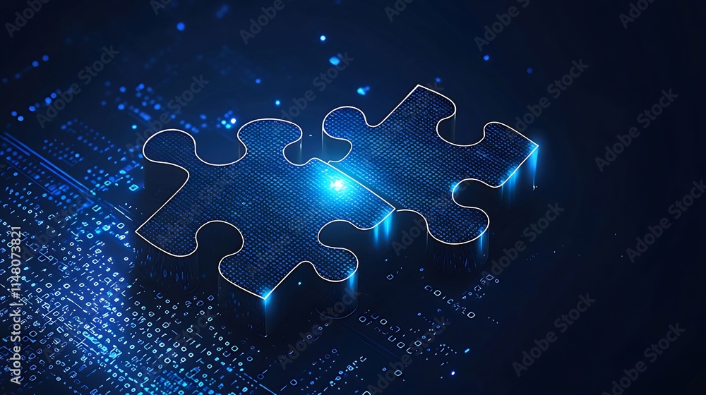 Poster two glowing puzzle pieces interlock on a digital background, symbolizing connection and solution.