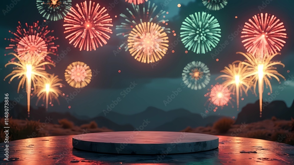 Aufkleber an empty platform floats as vibrant fireworks light up the night sky in a dazzling display of colors