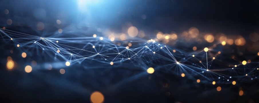 Abstract digital data background with interconnected binary code patterns, futuristic network structure, and glowing technology elements representing information flow and data analytics