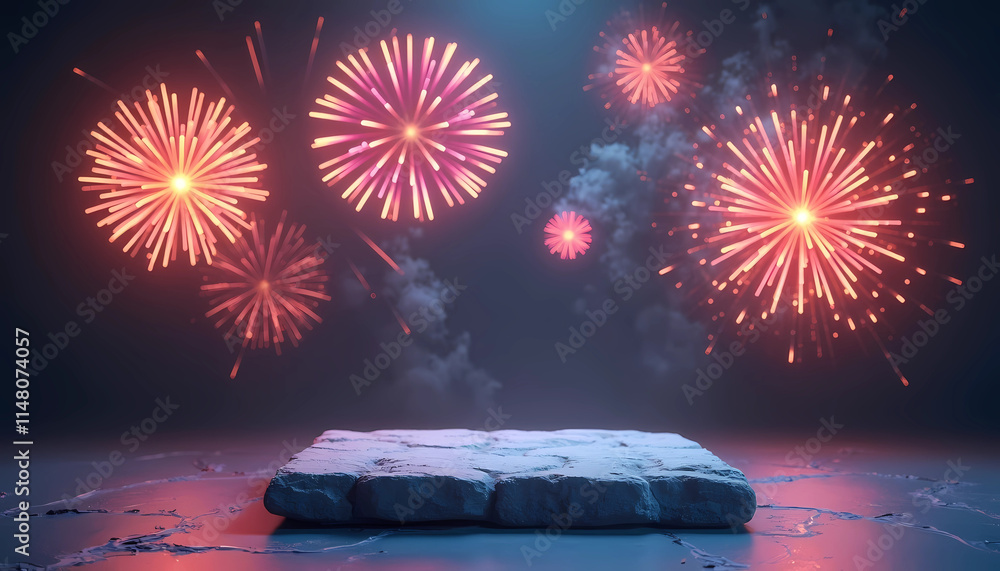 Poster a floating platform under a night sky, illuminated by vibrant fireworks bursting in colorful display