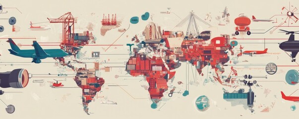 Intricate global value chains connecting manufacturers, suppliers, and distributors across borders - conceptual illustration of international trade and supply chains