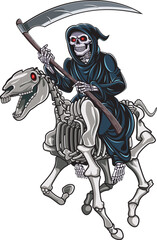 grim reaper with scythe riding skeleton horse
