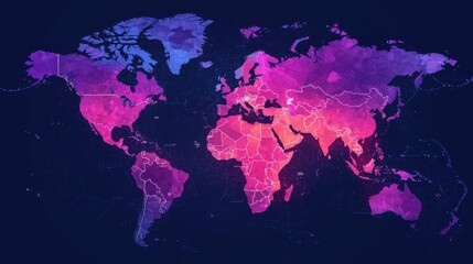 A vibrant, stylized world map featuring a gradient of purple and pink hues against a dark background.
