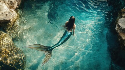 Enchanted Mermaid Underwater Scene Turquoise Waters, Rocky Cove