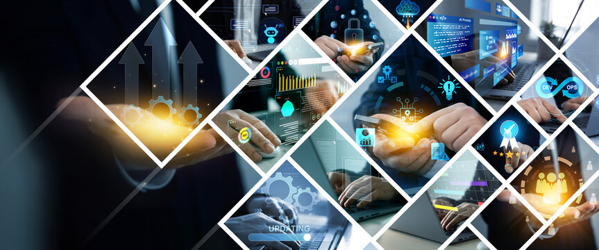 Global business network technology panoramic banner. Collage of images of digital technology,digital software development,data analysis and social media business strategy. Big data business technology