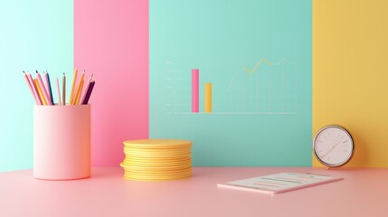A colorful workspace featuring a pastel background, stationery, a clock, and a chart, promoting creativity and organization.
