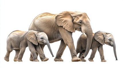 Obraz premium Family of African Elephants Walking Together in a Natural Setting, Showcasing the Strength and Bond Between Adult and Baby Elephants Against a Bright Background