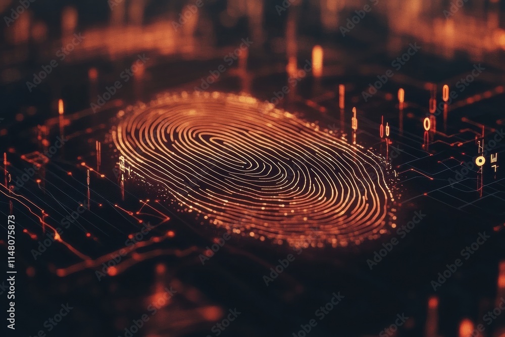 Aufkleber Digital fingerprint graphic showcasing intricate patterns on a dark background with ample copy space for text. Generative AI