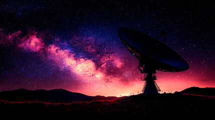 Milky Way galaxy over a radio telescope at night.