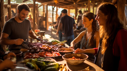 Argentina Asado Barbecue Scene - Rustic Wooden Table Setting with Grilled Meat and Traditional Cuisine for Culinary Photography and Cultural Design