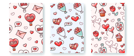 Set of cute hand drawn Valentines Day seamless patterns. Collection of colorful doodle textures, romantic wallpapers, decorations, backgrounds for print, packaging, gifts, greeting cards. Love concept