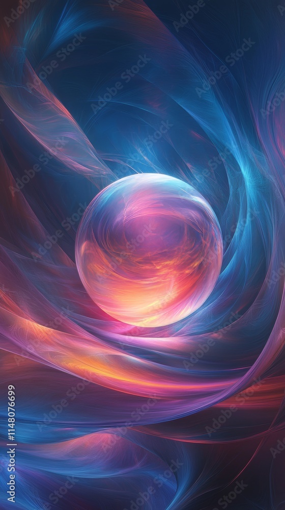 Poster a colorful sphere is floating in a blue and orange swirl. the sphere is surrounded by a blue and ora