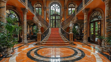 Obraz premium Elegant interior of a grand staircase in a luxurious mansion with marble flooring.