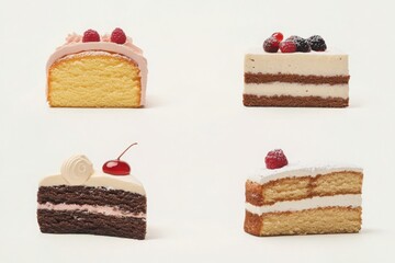 Cake slices with cherry, raspberry, and chocolate toppings arranged on a white background, ideal for food and bakery-themed designs.

