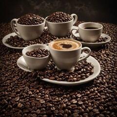 Fototapeta premium Capture an artistic arrangement of coffee cups and beans.