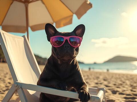 black bull dog cill on a chair, at the beach