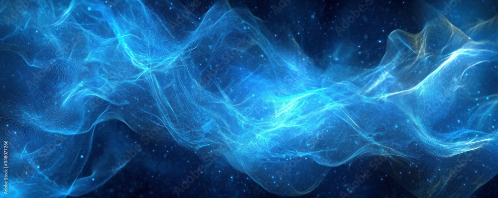 Poster abstract digital wave, glowing particles, technology background with blue tones, intricate lines and