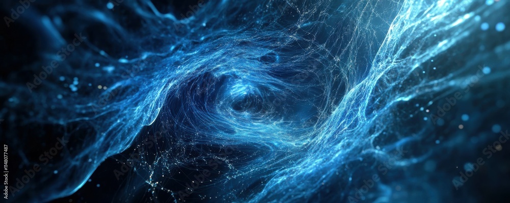 Poster abstract digital wave, glowing particles, technology background with blue tones, intricate lines and