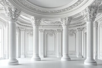 Elegant White Interior with Ornate Columns and Decorative Ceiling Design Creating a Timeless and Luxurious Atmosphere in an Artfully Designed Space