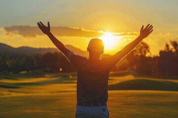 a golfer celebrating a successful putt, with arms raised and a smile on their face, against a serene golf course setting at sunrise or sunset.