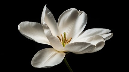 Close-up of a single, elegant white tulip against a black background.