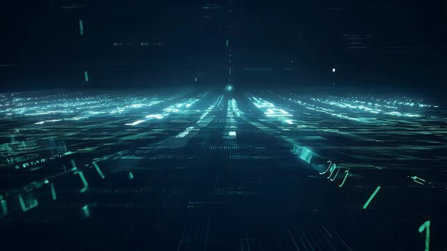 Futuristic digital landscape with glowing binary code lines creating a sense of depth and movement.