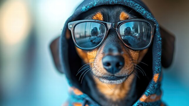 Cool and Stylish Dog Wearing Sunglasses and Hoodie, Relaxing, Exuding Confidence and Fun Vibes, Ideal for Pet Lovers and Creative Projects