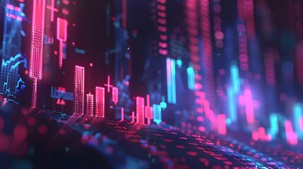 Abstract digital landscape with vibrant data visualizations and graphs.