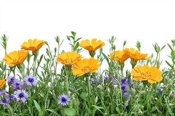 Fototapeta premium Vibrant Yellow Flowers and Blue Wildflowers Growing Together Against a Clean White Background, Perfect for Natural Beauty or Floral-Themed Projects