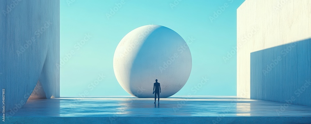 Poster abstract figure with mobile phone surrounded by a large spherical shape, harmonizing technology and 