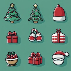 Sleek Modern Vector Icons Set: Christmas Tree, Gift Box, Candy Cane, Snowflake, Santa Hat for Holiday-Themed Graphics