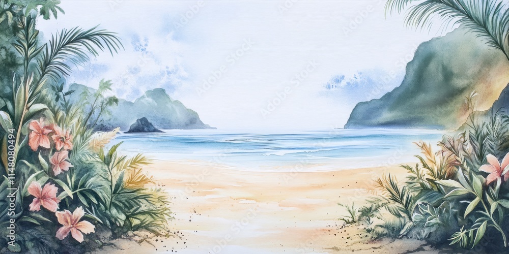 Aufkleber a painting of a beach with a view of the ocean. the beach is lined with palm trees and there are flo