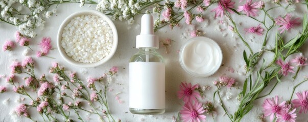 Natural organic cosmetics with delicate pink flowers