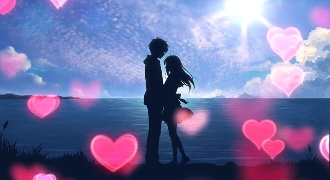 Animated Virtual Backgrounds Couple Silhouette Love Heart Valentines Day Lofi Music Lofi Japanese Manga Anime Style Looping Music Video Background