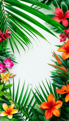 Lush tropical foliage and vibrant flowers create a colorful frame
