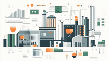 Stylized illustration of an industrial complex with data visualization elements.