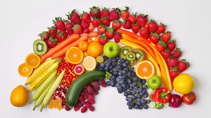 Fresh fruits and veggies arranged in a rainbow spectrum