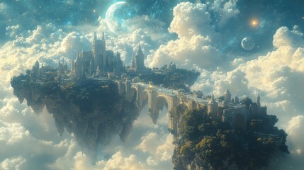 Floating castle city, clouds, starry sky, bridge.
