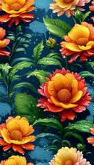 Vibrant flowers adorned with raindrops brighten a serene background