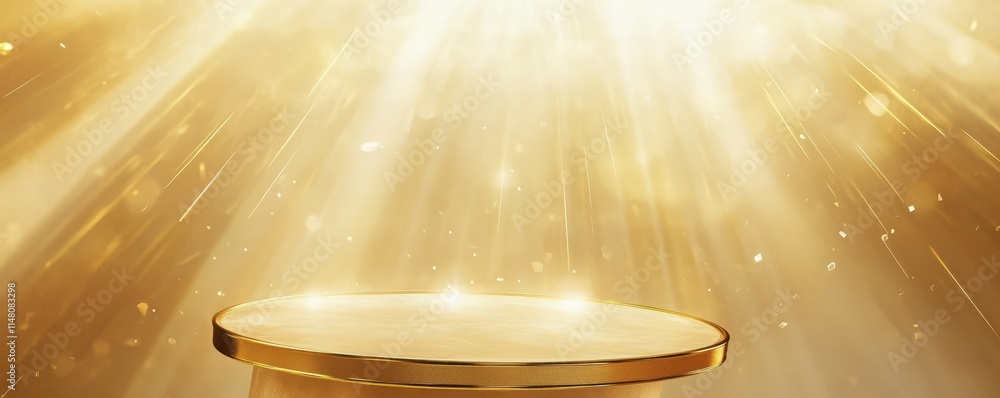 Poster abstract golden background with a round podium and light rays for a product presentation template