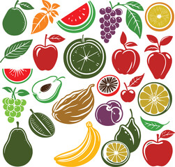 Colorful fruit icons, assorted fresh produce.