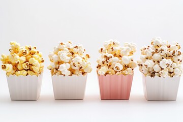 Popcorn served in pastel-colored cups, showcasing a mix of gourmet and classic styles, ideal for food photography and snack-themed projects

