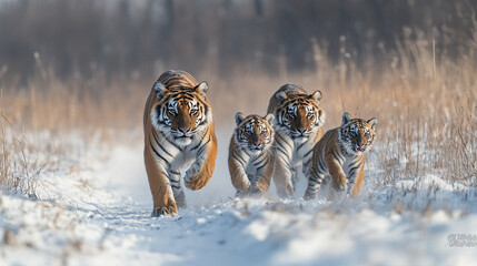 Family of tigers running through snowy landscape in early morning light. 