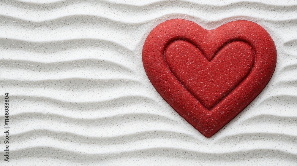 Poster red heart shape on soft white sand with gentle curves and textured patterns