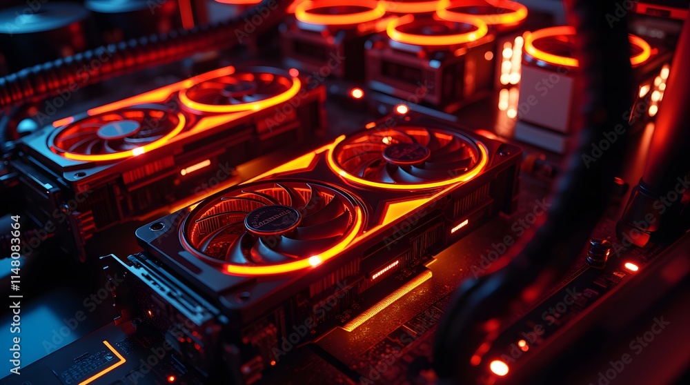 Poster illuminated gpu mining rig, glowing red fans, intricate circuitry, powerful hardware, intense proces