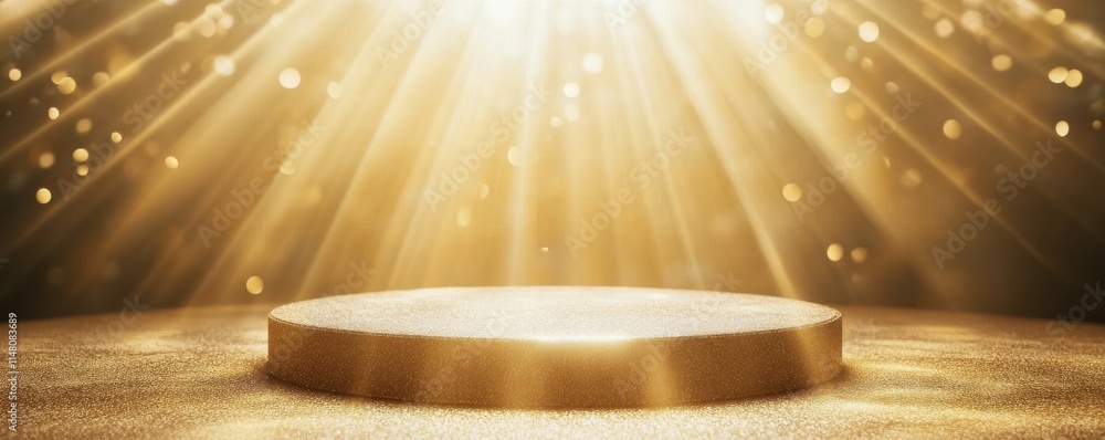 Poster abstract golden background with a round podium and light rays for a product presentation template